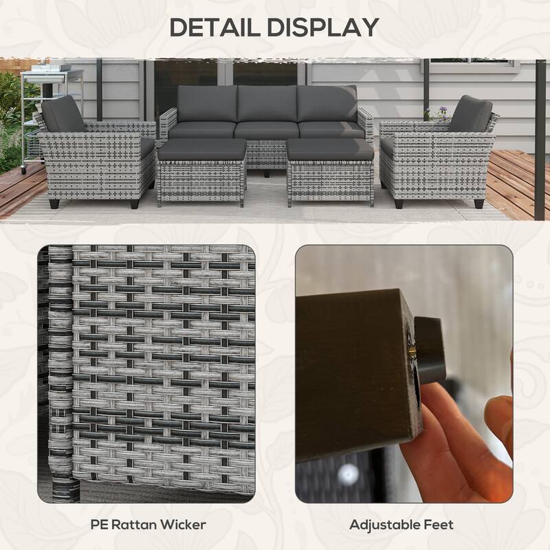 Outsunny 5 Piece Patio Furniture Set with Cushions, Outdoor Conversation Set with Rattan Three-Seater Sofa, Chairs & Footstools