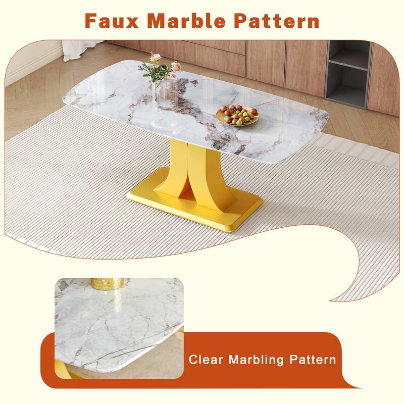 9-Piece Glass Marble-Texture Dining Set, Kitchen Table Set with PU Chairs and Gold Metal Legs for Dining Room