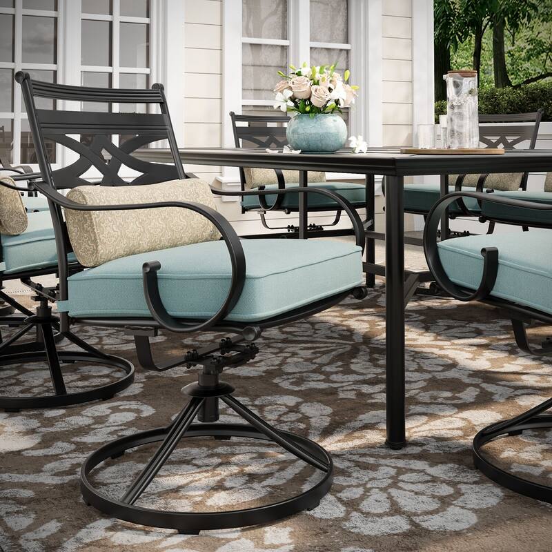 Hanover Montclair 11-Piece Dining Set in Ocean Blue with 10 Swivel Rockers and a 60-In. x 84-In. Table