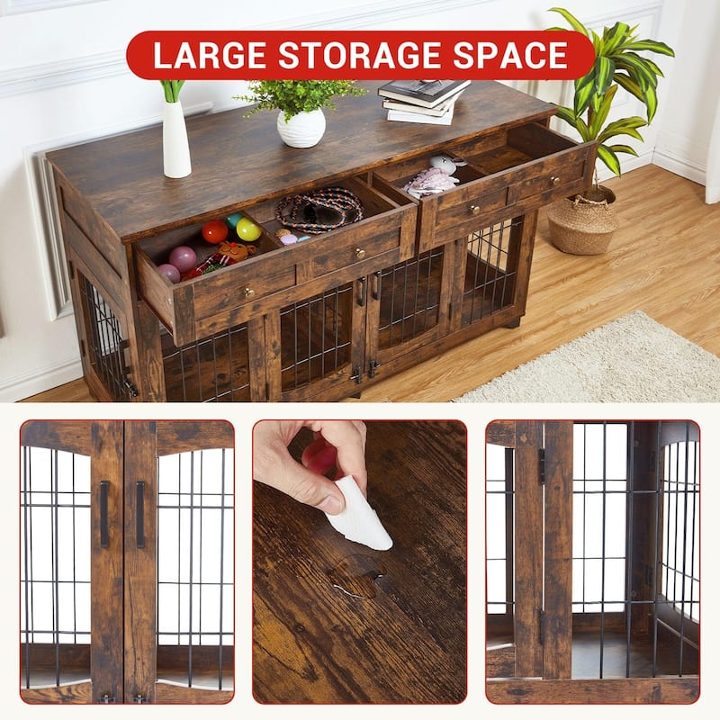 Double Dog Crate Furniture with Drawers, Removable Divider, and Storage Table