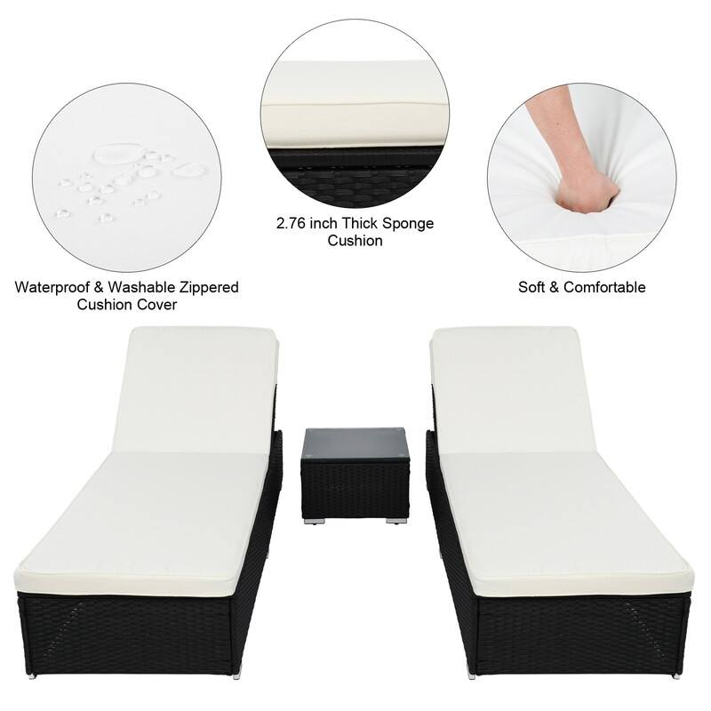 Outdoor 3PCS Wicker Chaise Lounge Set,Beige Cushions and Black Wicker