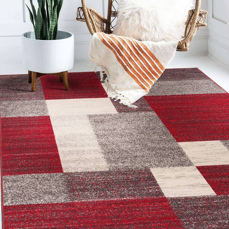 World Rug Gallery Modern Boxes Design Non-slip (Non-skid) Area Rug - 7'10" x 10' - Red