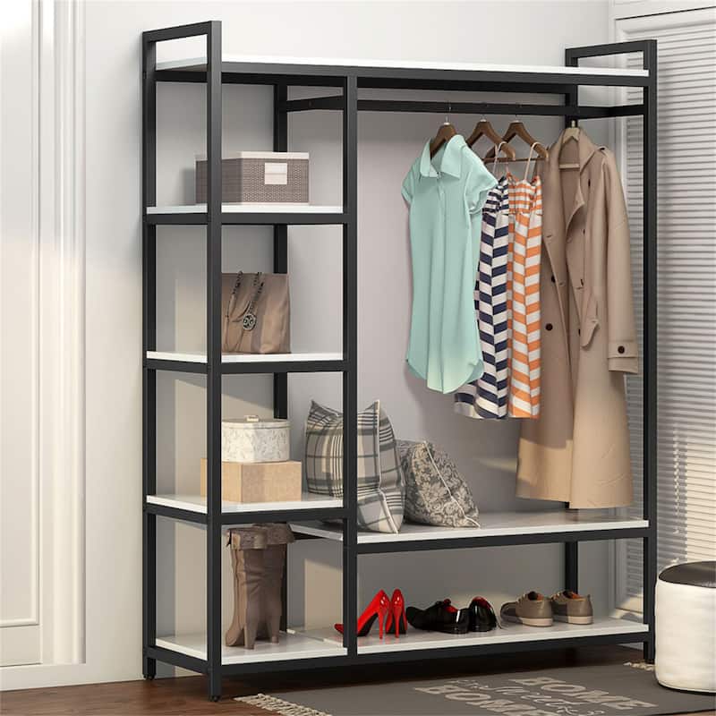 Brown/ Black Wood Industrial Clothing rack with shelves, 5-Tier Clothes Garment Rack Closet Organizer System with Hanging Rod