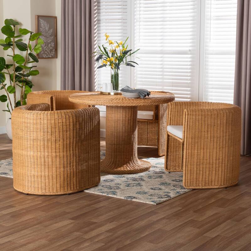 Amaya 5-Piece Round Rattan Dining Set - Handwoven Wicker Pedestal Table and 4 Barrel Chairs, Boho Coastal Style