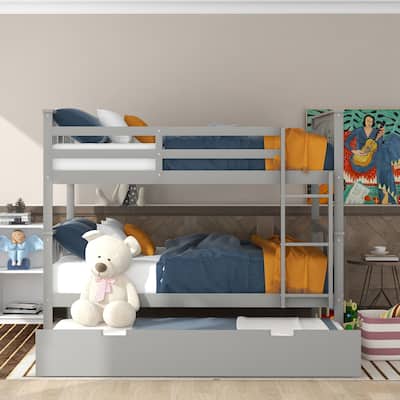 Full over Full Bunk Bed with Twin Size Trundle, Ladder and Guardrails