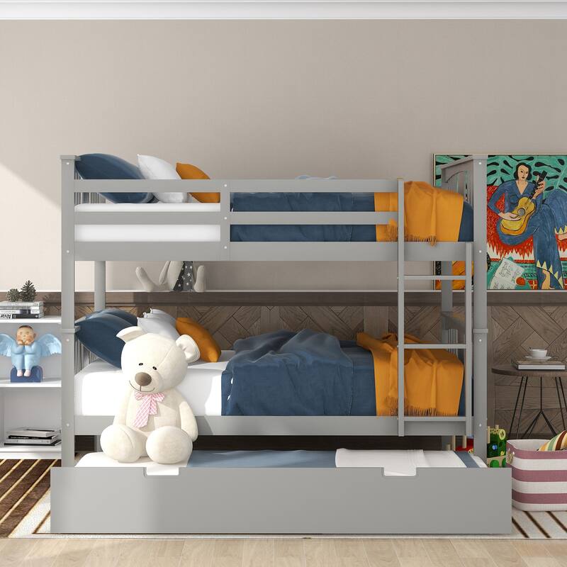 Full over Full Bunk Bed with Twin Trundle, Ladder & Slats - Gray/White/Espresso, Converts to 2 Beds
