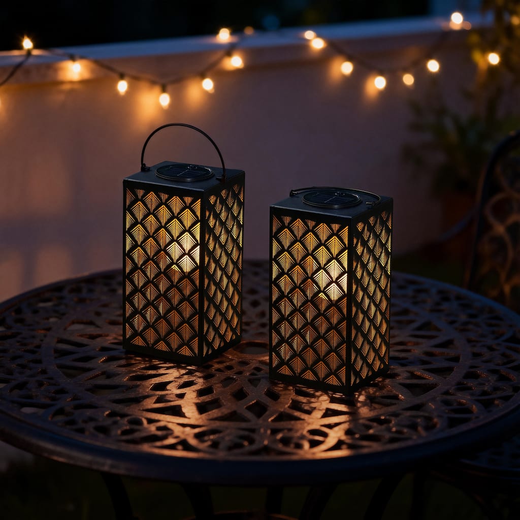 Glitzhome 11"H Black Metal Cutout or Square Textured Glass Pattern Solar Powered Hanging Lantern with LED Light