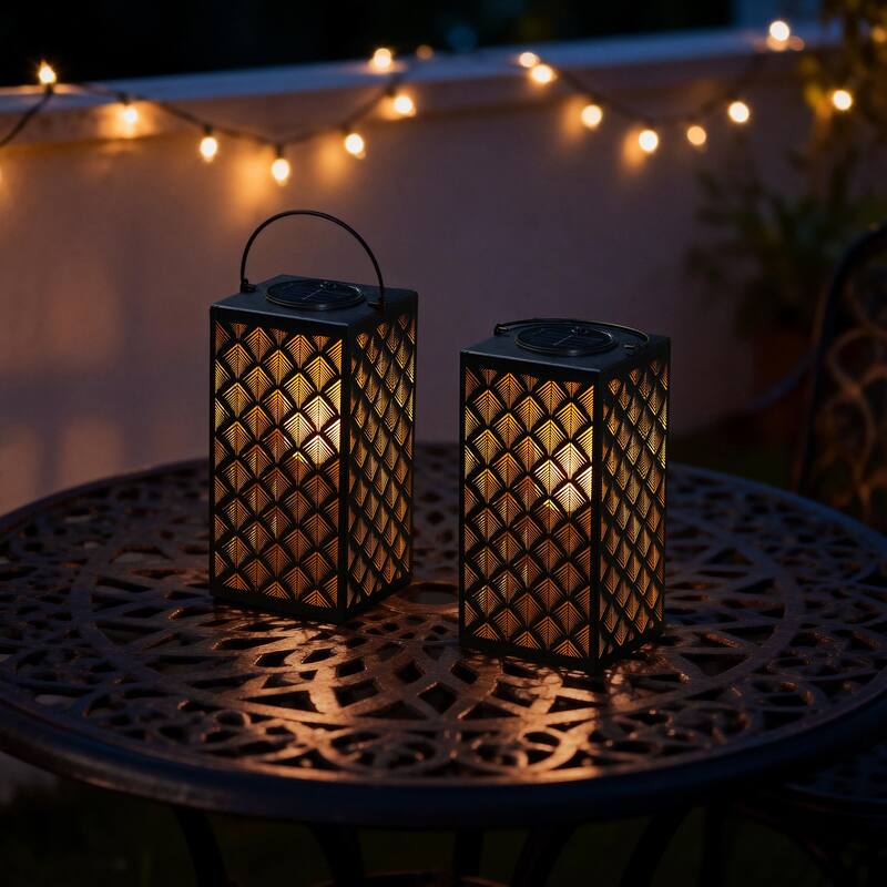 Glitzhome Metal Cutout Textured Pattern Solar Powered Hanging Lanterns Waterproof