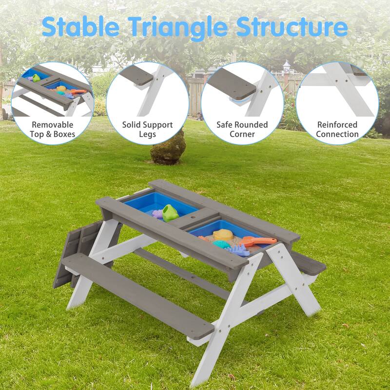 3-in-1 Kids Wood Outdoor Picnic Table with Umbrella, Convertible Sand & Wate