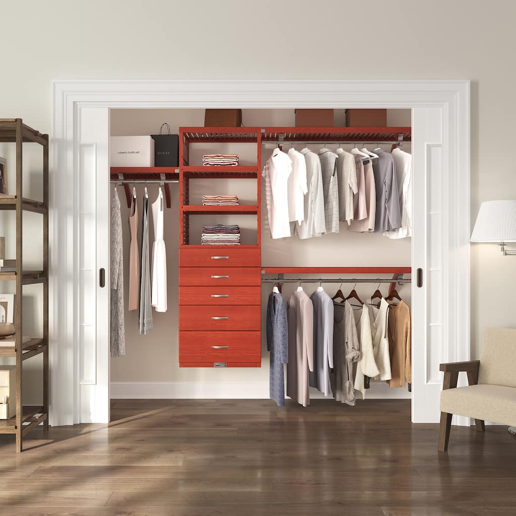 John Louis Home Solid Wood Walk-In Closet System with 5-Drawers Red Mahoganyy