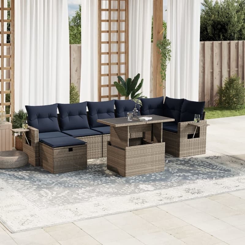 vidaXL Patio Sofa Set with Cushions and Table Outdoor Garden 8 Piece Poly Rattan - 24.4" x 24.4" x 27.2" - Gray