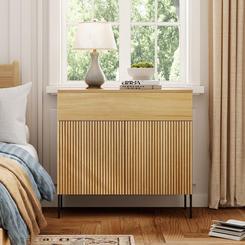 Modern Minimalist Nightstand,31.5" Wood End Table,Reeded Design Bedside Table - Oak - 1-drawer