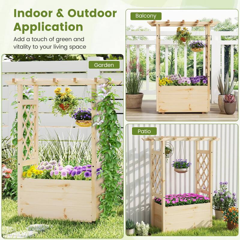 Gymax Wooden Raised Garden Bed/ Lattice Trellises Hanging Roof