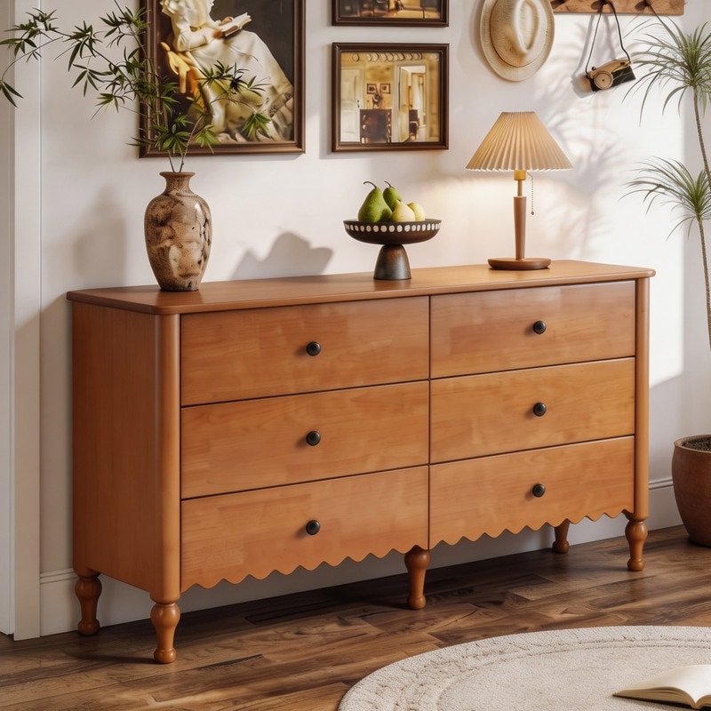 Wooden 6-Drawer Double Dresser with Solid Wood Legs for Bedroom