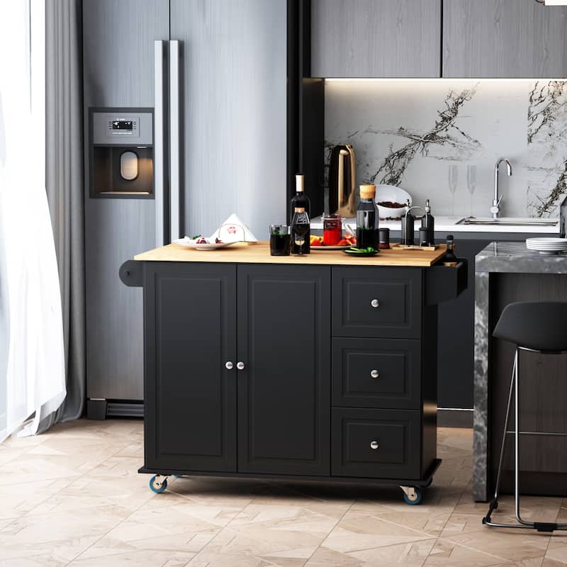 Mobile Kitchen Island with Drop Leaf, Towel Rack and 3 Drawers - Black