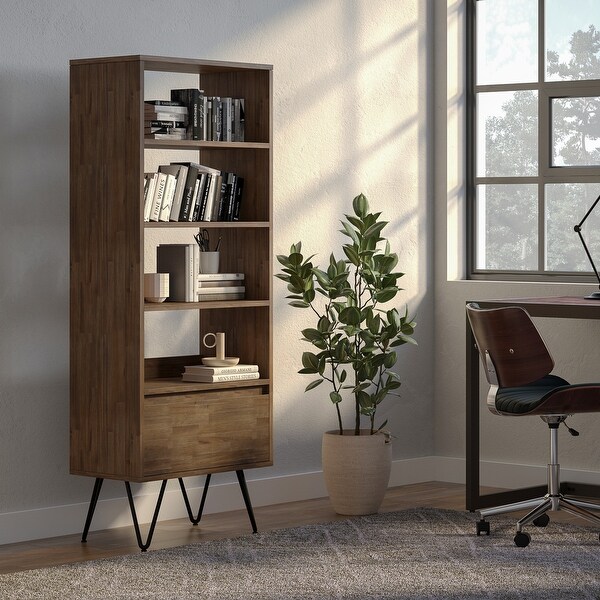 Wyndenhall Saylor Solid Acacia Wood and Metal 64x24 inch Rectangle Modern Industrial Bookcase in Rustic Natural Aged Brown