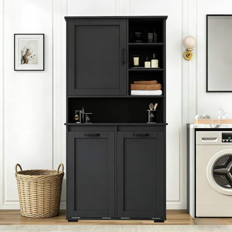Tall Bathroom Storage Cabinet with Doors and shelf, Freestanding Bathroom Cabinet, Tilt-Out Laundry Hamper