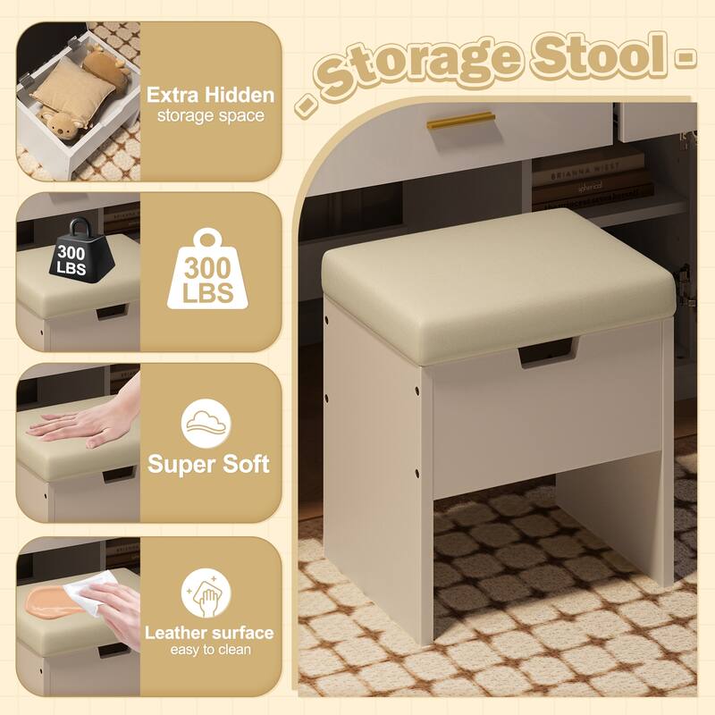 47.2" Makeup Vanity with Mirror and Light, Vanity Desk with Cushioned Storage Stool, Dressing Table with Two Organizers