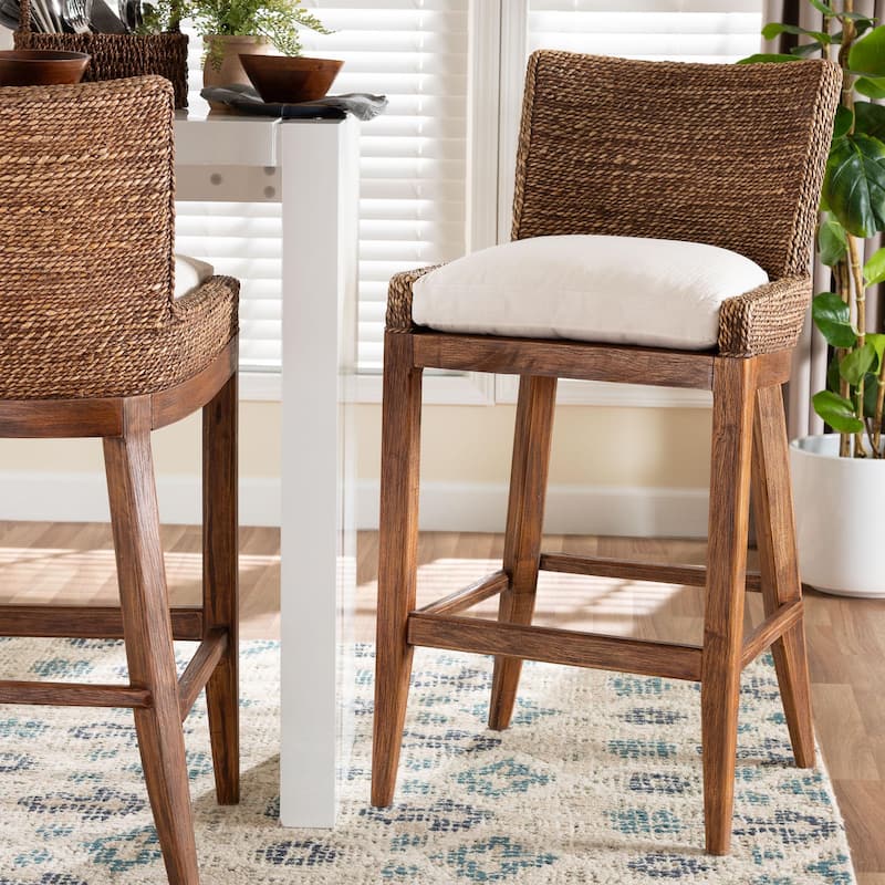 Ridley Seagrass Bar Stool with Mahogany Wood Frame - Coastal Seating with Woven Square Back and Cushioned Seat for Bar Island