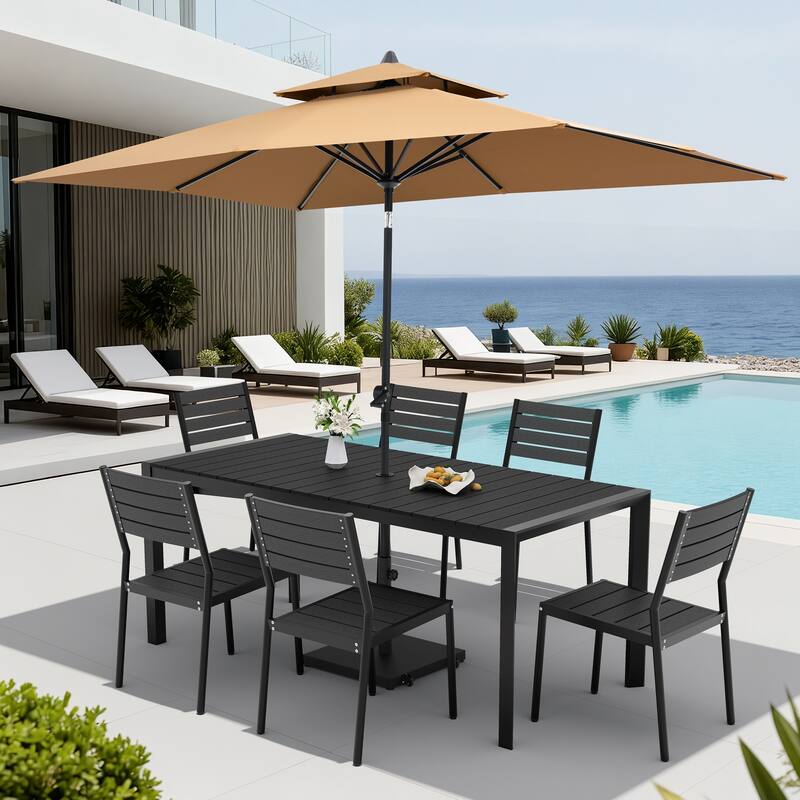 Set of 9 Outdoor Patio Dining Set WoodLike Aluminum Umbrella Hole Table with Stackable Chairs, Double Top Market Umbrella Set - BlackTable&BlackChairs&TanUmbrella
