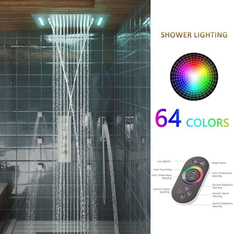 Luxury 4-Spray Patterns 23 in. Ceiling Mount Shower System with Handheld Shower Head, 6 Body Jets, LED, and Music - 15" x 23"