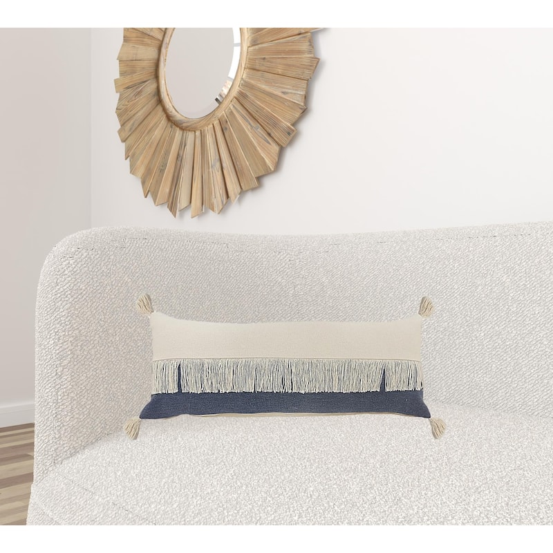 HomeRoots 14" X 36" Denim Blue And Off-White 100% Cotton Zippered Pillow