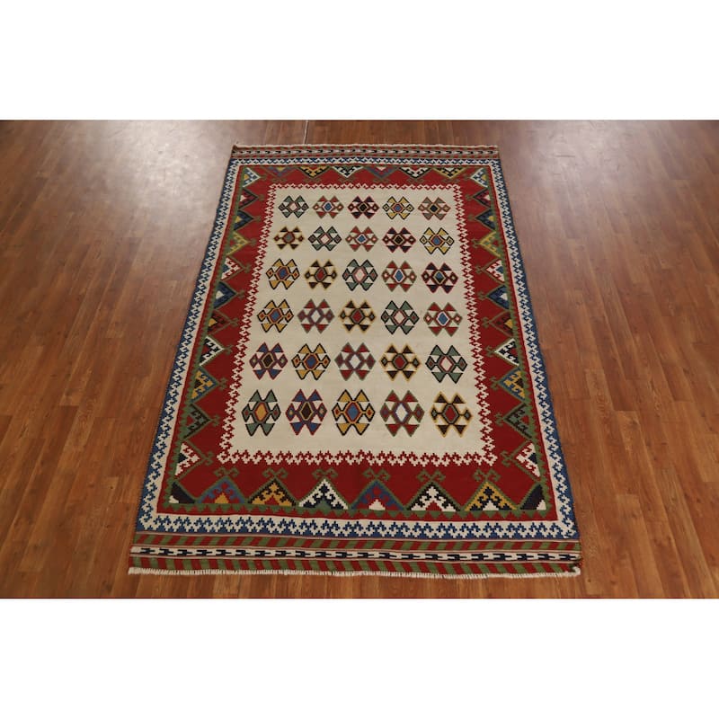 Hand Woven Oriental 100% Wool Carpet Southwestern Geometric Beige & Ivories Kilim Area Rug - 7' 11'' X 5' 0''