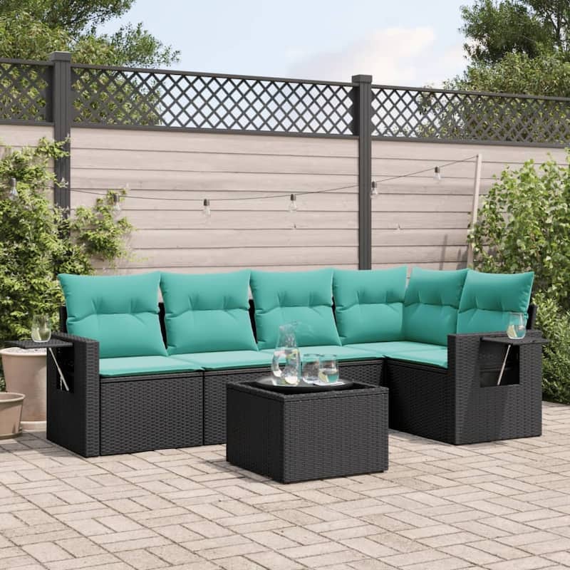 vidaXL Patio Sofa Set with Cushions Outdoor Conversation Furniture Poly Rattan - 24.4 x 24.4 x 27.2 - Black and Blue-With table