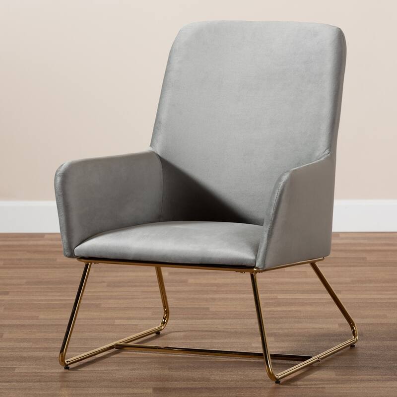 Sennet Glam and Luxe Grey Velvet Fabric Upholstered Gold Finished Armchair - 34.25"H x 26.38"W x 29.53"D