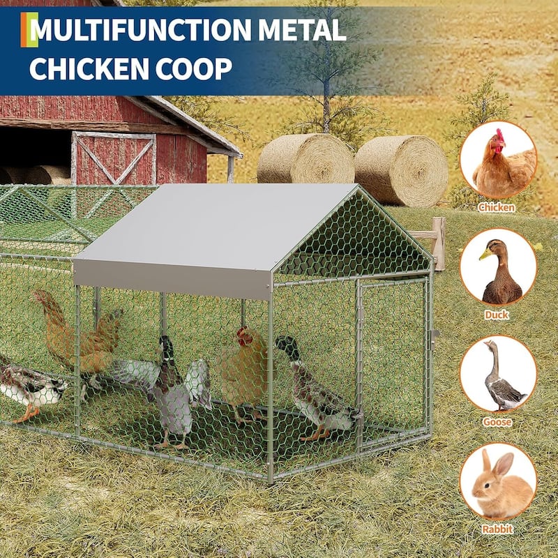 4 Doors Outdoor Large Metal Chicken Coop with Waterproof Anti-UV Cover for Rabbit Duck