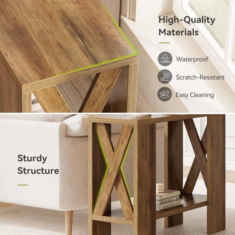 2-Tier Side Table, Farmhouse End Table with Storage Shelves