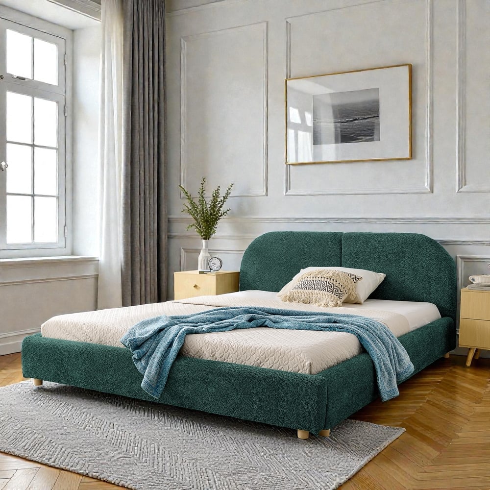 Upholstered Bed Frame with Tall Curved Headboard, Premium Circle Yarn Fabric, Modern Minimalist Platform Bed