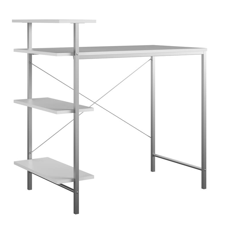 Roomfitters Side Storage Student Desk with Metal Frame and Open Shelves, White