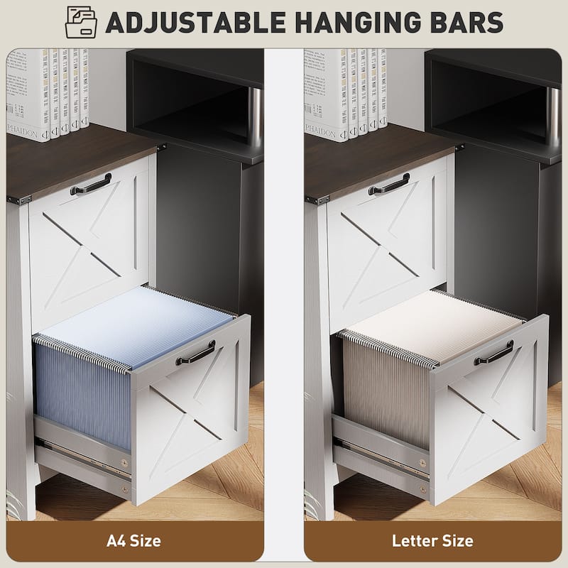 HOMCOM 2 Drawer Vertical File Cabinet with Silent Slides,Farmhouse Filing Cabinet with Barn Doors for A4/Letter Size