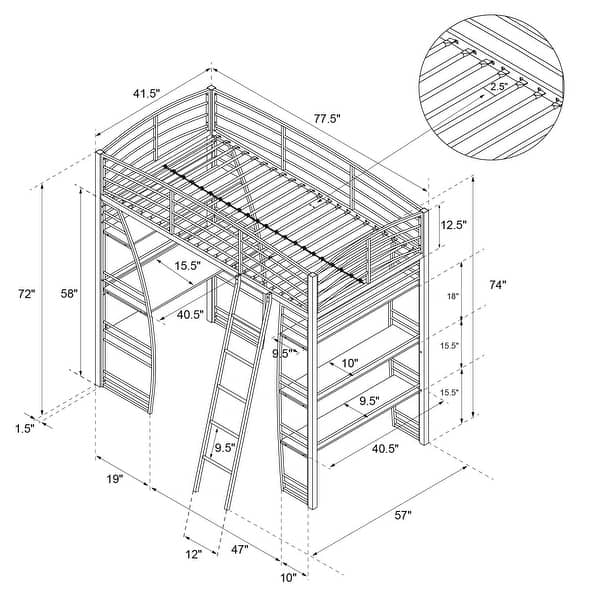 dimension image slide 2 of 2, Avenue Greene Sansa Twin Loft Bed with Integrated Desk and Shelves