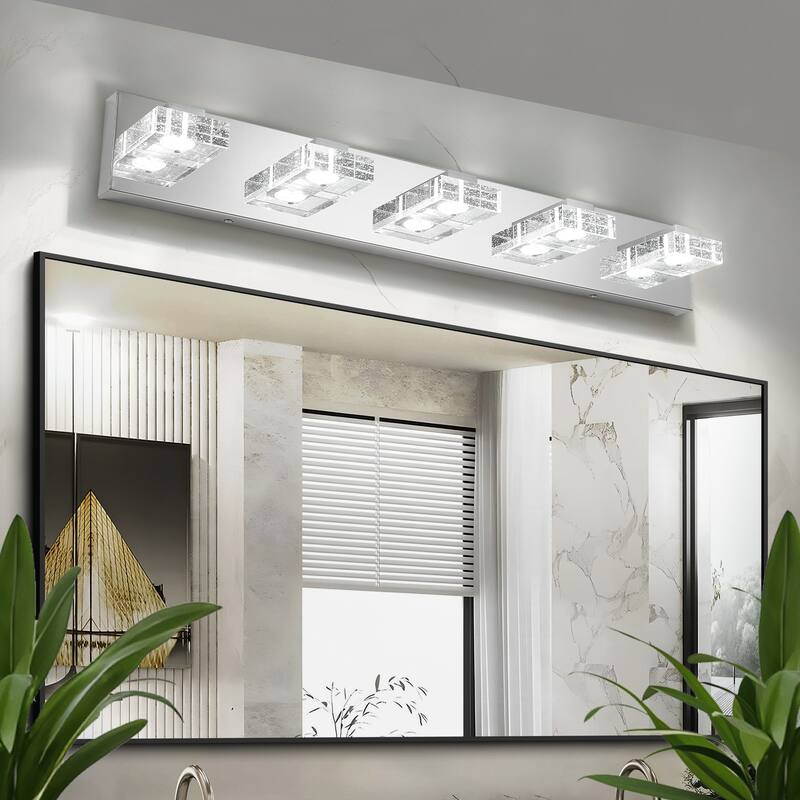 31" Modern Chrome 5-Light LED Vanity Light, Square Acrylic Lampshades Wall Mount Fixture for Bathroom, Mirror Lighting