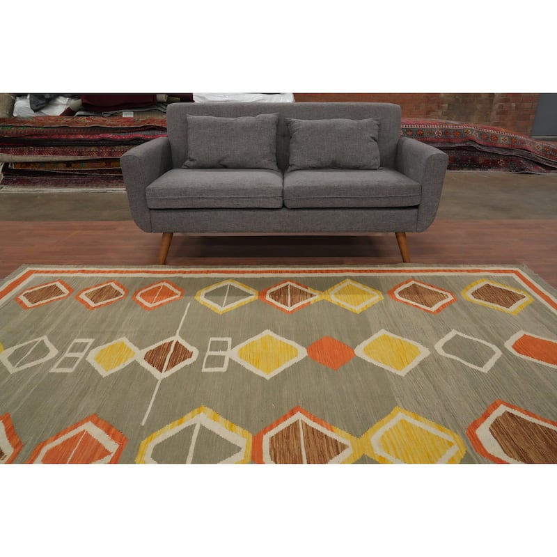 Hand Woven Oriental 100% Wool Carpet Southwestern Modern Greys & Charcoal Kilim Area Rug - 9' 0'' X 5' 8''