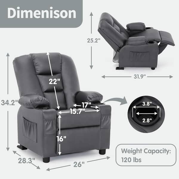 dimension image slide 8 of 11, MCombo Big Kids Recliner Chair for Toddler Boys and Girls Faux Leather - 28.3"(L)x26.4"(W)x34.2"(H)