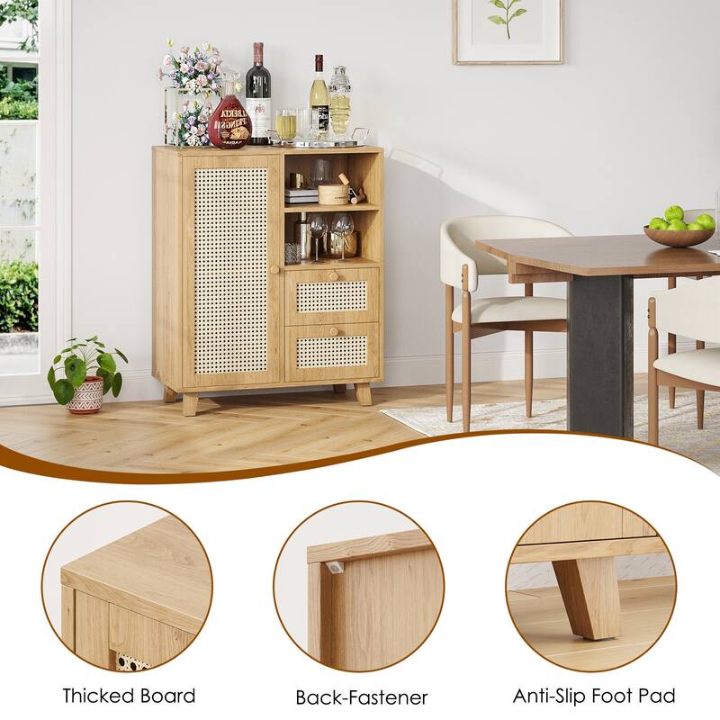 Rattan Buffet Cabinet with Adjustable Shelf, Sideboard with Drawers for Living Room, Kitchen, Entryway