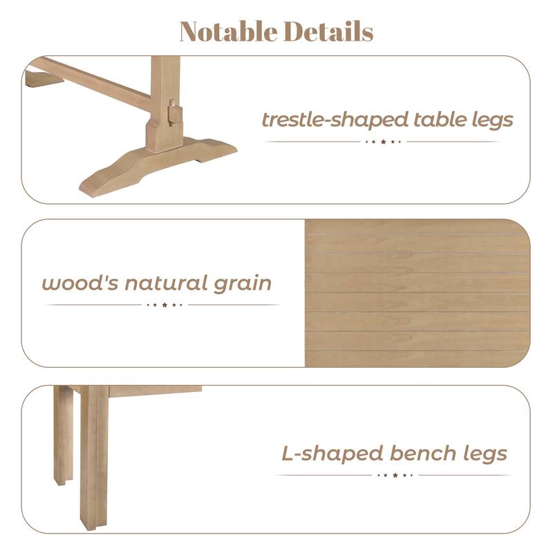 3-Piece Retro Dining Set, Rectangular Trestle Table and 2 Wood Benches for 4 People for Dining Room and Kitchen