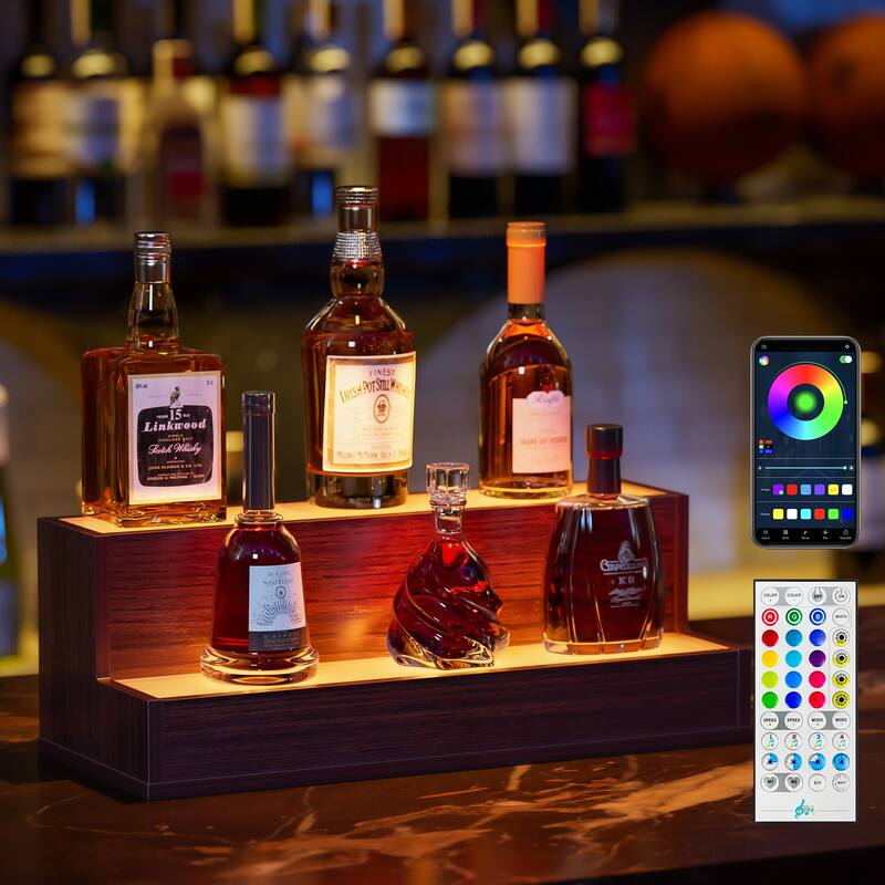 GDF Studio - Luminex Modern LED Bottle Display Shelf with App Control - Walnut