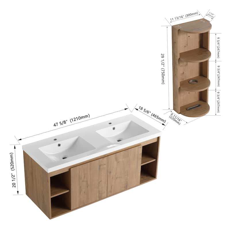 Wall-Mounted Bathroom Vanity With Double Sink and Storage Rack