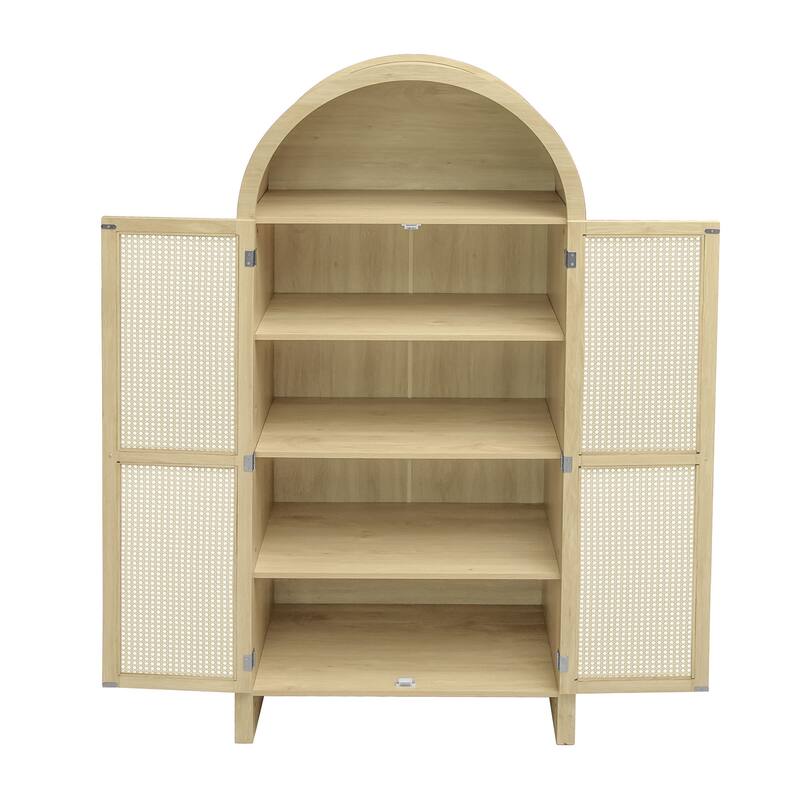 Wooden Arched Kitchen Pantry Cabinet, Storage Cabinet with 2 Rattan Doors, Freestanding Cupboard with 2 Adjustable Shelves