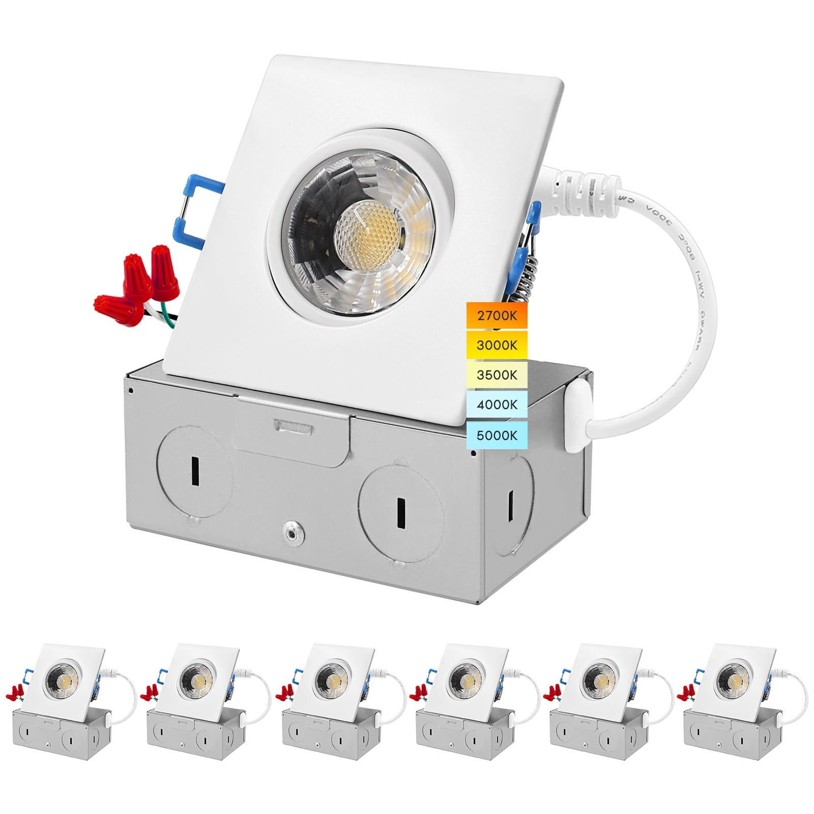 Luxrite 3 inch Square Gimbal Recessed LED Lights 8W 5 CCT Selectable 2700K 5000K 600lm Dimmable Damp Rated 6 Pack