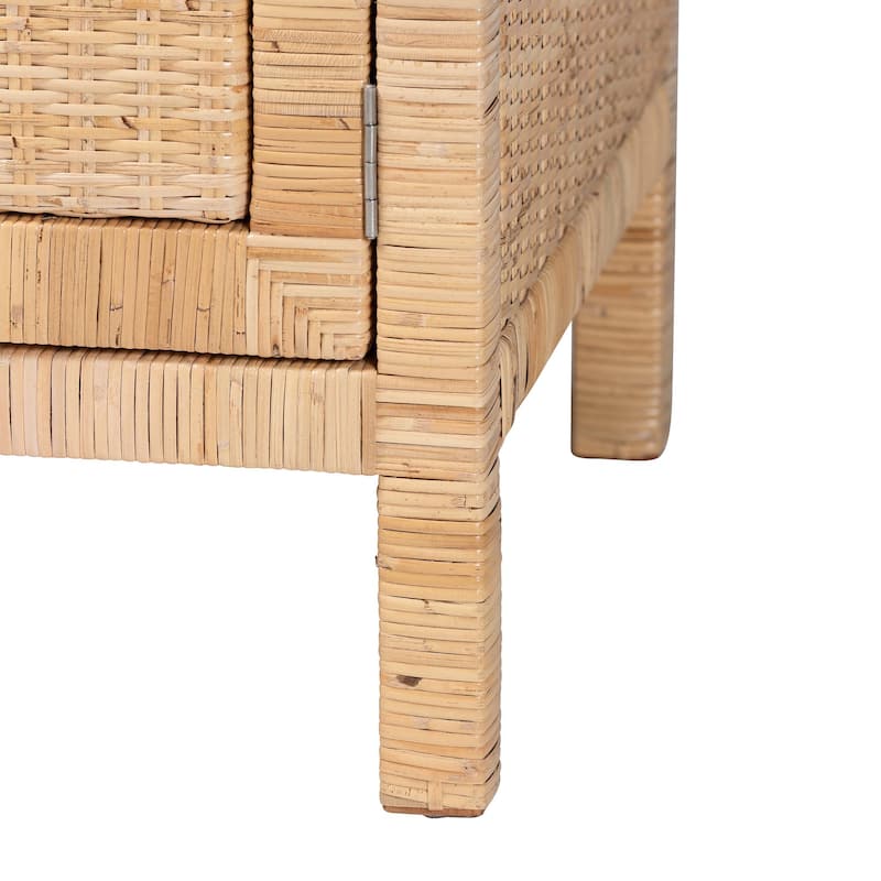 Mortis Natural Rattan Open-Shelf Storage Cabinet - 4-Tier Display Shelf with Double Door Base, Coastal Boho Wicker Bookcase