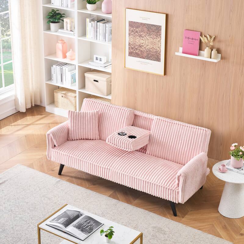 Corduroy Loveseat Sofa with Cup Holder and 1 Pillow, Sleeper Sofa Bed with Adjustable Backrest for Living Room - Pink