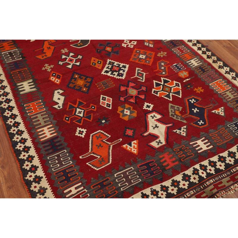 Kilim Qashqai Persian Vintage Area Rug Hand-Woven Red Wool Carpet - 4'8"x 6'7"