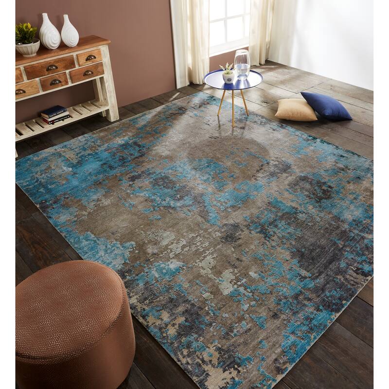 Modern Multi-Colored Hand-Knotted Viscose Area Rug