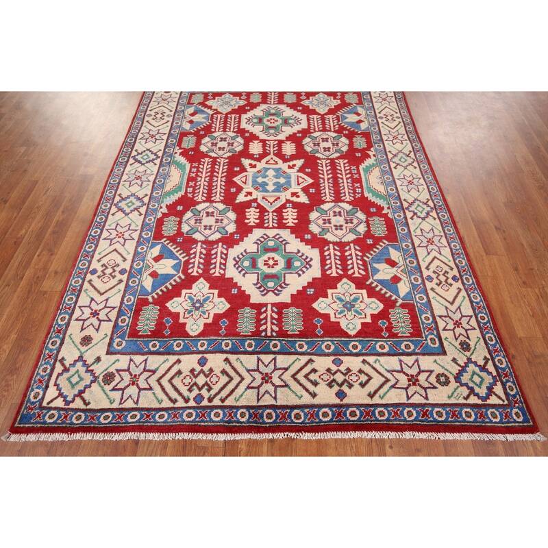 Red Kazak Oriental Area Rug Handmade Traditional Wool Carpet - 5'1" x 6'11"