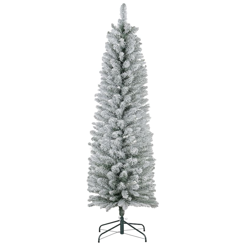HOMCOM Flocked Artificial Pencil Tree - Snowy Tips, Metal Base, Realistic Xmas Tree - Green